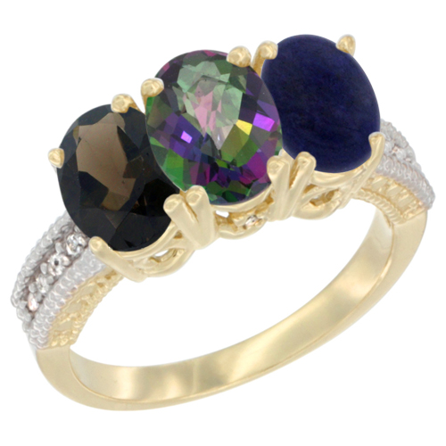 14K Yellow Gold Natural Smoky Topaz, Mystic Topaz & Lapis Ring 3-Stone 7x5 mm Oval Diamond Accent, sizes 5 - 10