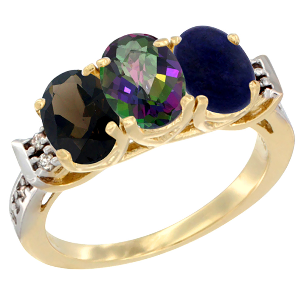14K Yellow Gold Natural Smoky Topaz, Mystic Topaz & Lapis Ring 3-Stone Oval 7x5 mm Diamond Accent, sizes 5 - 10