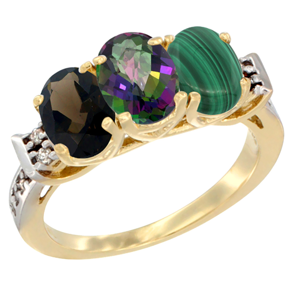 14K Yellow Gold Natural Smoky Topaz, Mystic Topaz & Malachite Ring 3-Stone Oval 7x5 mm Diamond Accent, sizes 5 - 10