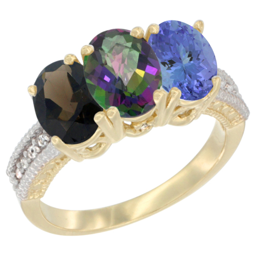 14K Yellow Gold Natural Smoky Topaz, Mystic Topaz & Tanzanite Ring 3-Stone 7x5 mm Oval Diamond Accent, sizes 5 - 10
