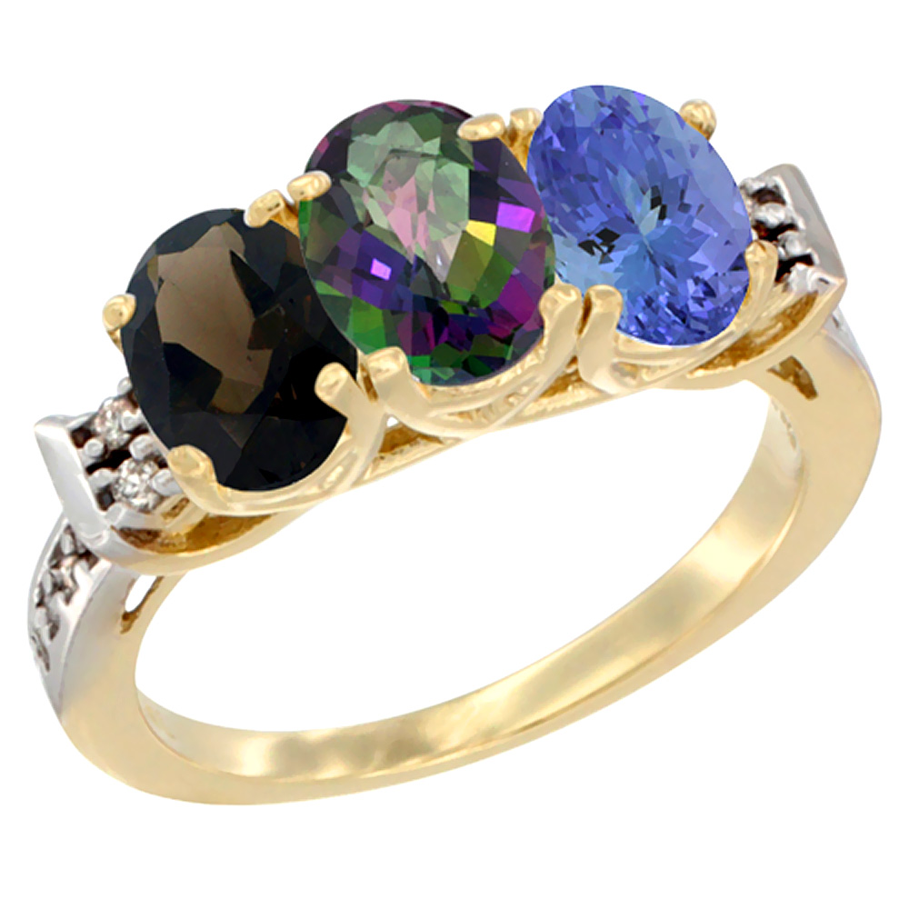 14K Yellow Gold Natural Smoky Topaz, Mystic Topaz & Tanzanite Ring 3-Stone Oval 7x5 mm Diamond Accent, sizes 5 - 10