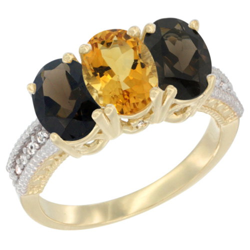 10K Yellow Gold Diamond Natural Citrine & Smoky Topaz Ring 3-Stone 7x5 mm Oval, sizes 5 - 10