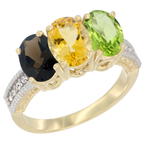 10K Yellow Gold Diamond Natural Smoky Topaz, Citrine & Peridot Ring 3-Stone 7x5 mm Oval, sizes 5 - 10