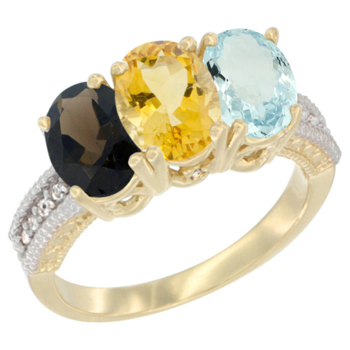 10K Yellow Gold Diamond Natural Smoky Topaz, Citrine & Aquamarine Ring 3-Stone 7x5 mm Oval, sizes 5 - 10