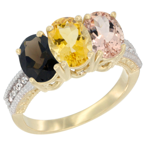 10K Yellow Gold Diamond Natural Smoky Topaz, Citrine & Morganite Ring 3-Stone 7x5 mm Oval, sizes 5 - 10