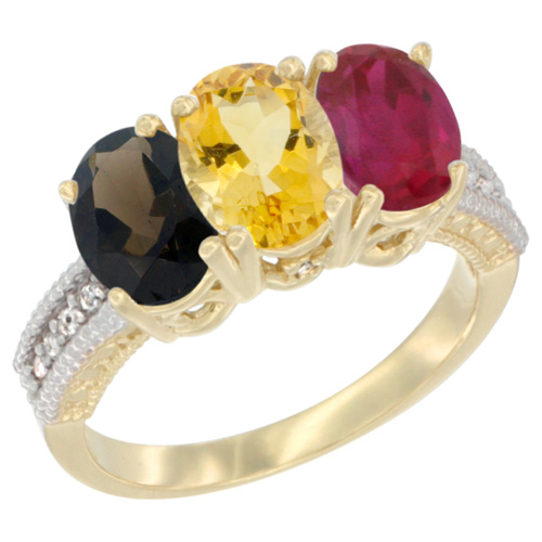 10K Yellow Gold Diamond Natural Smoky Topaz, Citrine & Enhanced Ruby Ring 3-Stone 7x5 mm Oval, sizes 5 - 10