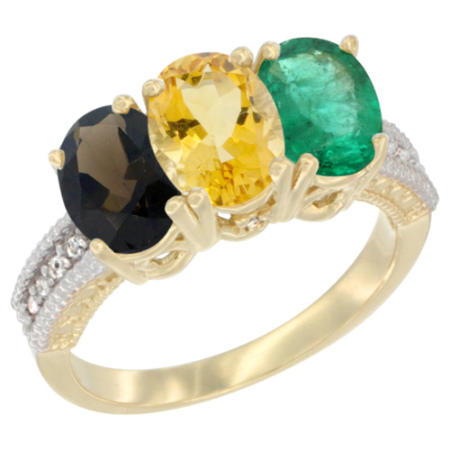 10K Yellow Gold Diamond Natural Smoky Topaz, Citrine & Emerald Ring 3-Stone 7x5 mm Oval, sizes 5 - 10