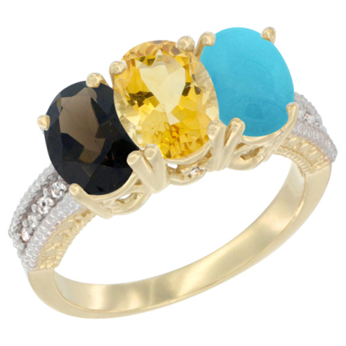 10K Yellow Gold Diamond Natural Smoky Topaz, Citrine & Turquoise Ring 3-Stone 7x5 mm Oval, sizes 5 - 10