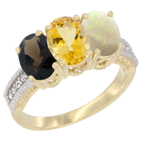 10K Yellow Gold Diamond Natural Smoky Topaz, Citrine & Opal Ring 3-Stone 7x5 mm Oval, sizes 5 - 10