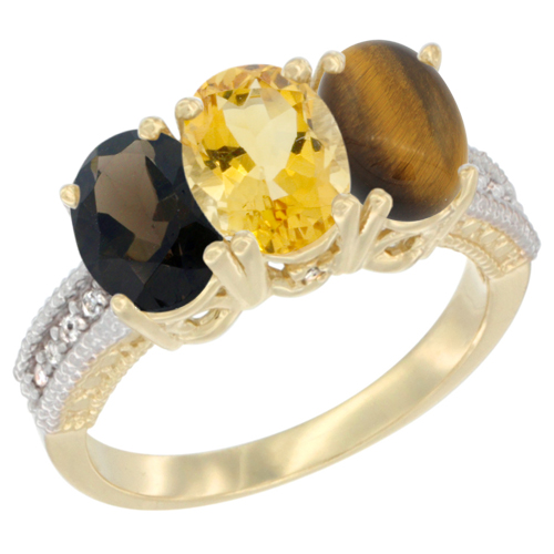 10K Yellow Gold Diamond Natural Smoky Topaz, Citrine & Tiger Eye Ring 3-Stone 7x5 mm Oval, sizes 5 - 10