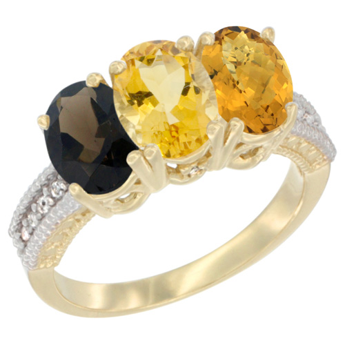 10K Yellow Gold Diamond Natural Smoky Topaz, Citrine & Whisky Quartz Ring 3-Stone 7x5 mm Oval, sizes 5 - 10
