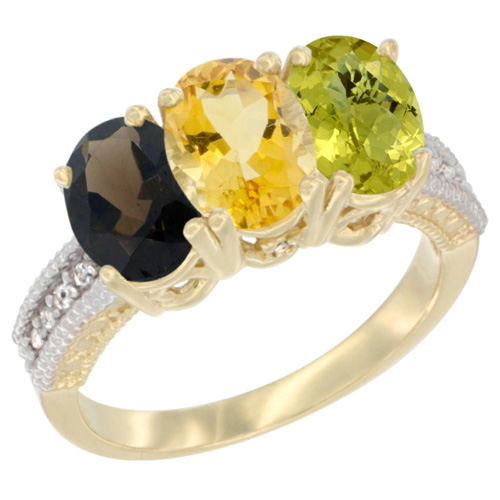 10K Yellow Gold Diamond Natural Smoky Topaz, Citrine & Lemon Quartz Ring 3-Stone 7x5 mm Oval, sizes 5 - 10