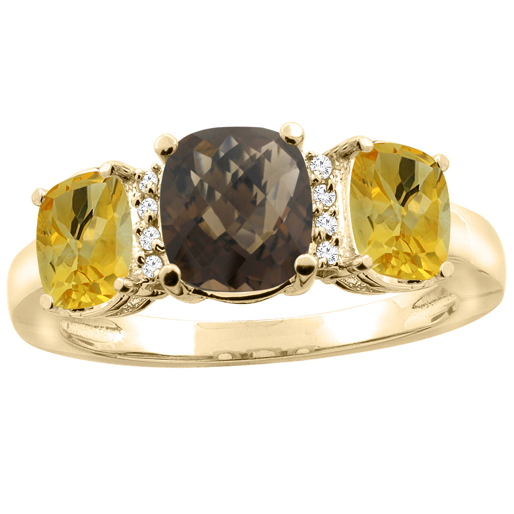 10K Yellow Gold Natural Smoky Topaz & Citrine 3-stone Ring Cushion 8x6mm Diamond Accent, sizes 5 - 10