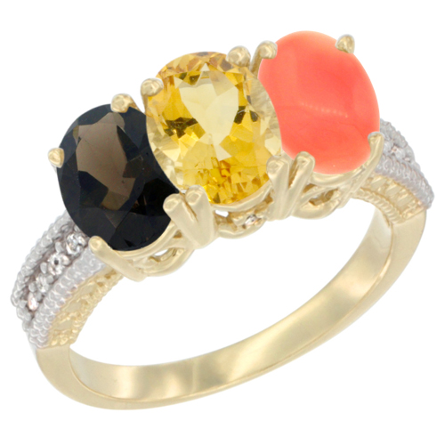 10K Yellow Gold Diamond Natural Smoky Topaz, Citrine & Coral Ring 3-Stone 7x5 mm Oval, sizes 5 - 10