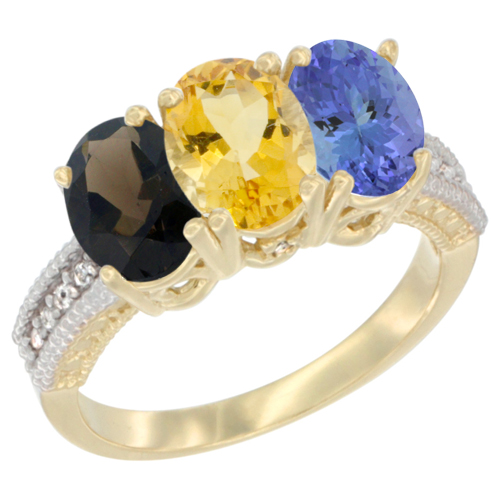 10K Yellow Gold Diamond Natural Smoky Topaz, Citrine & Tanzanite Ring 3-Stone 7x5 mm Oval, sizes 5 - 10