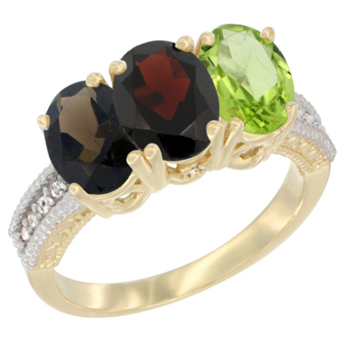 14K Yellow Gold Natural Smoky Topaz, Garnet & Peridot Ring 3-Stone 7x5 mm Oval Diamond Accent, sizes 5 - 10