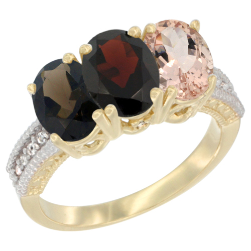 14K Yellow Gold Natural Smoky Topaz, Garnet & Morganite Ring 3-Stone 7x5 mm Oval Diamond Accent, sizes 5 - 10