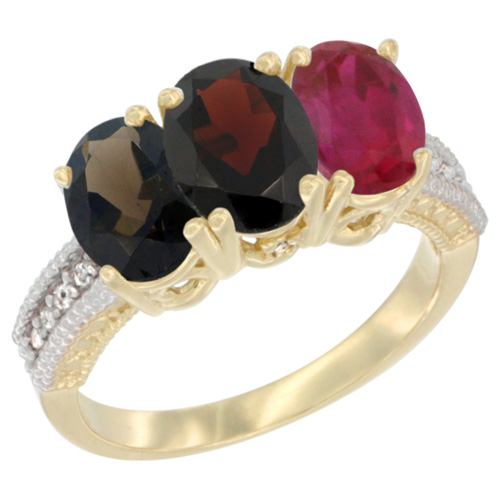 14K Yellow Gold Natural Smoky Topaz, Garnet & Enhanced Ruby Ring 3-Stone 7x5 mm Oval Diamond Accent, sizes 5 - 10