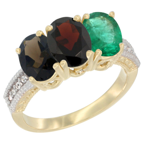 14K Yellow Gold Natural Smoky Topaz, Garnet & Emerald Ring 3-Stone 7x5 mm Oval Diamond Accent, sizes 5 - 10