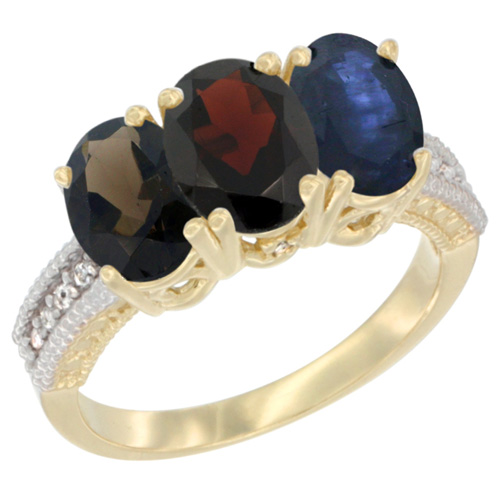 14K Yellow Gold Natural Smoky Topaz, Garnet & Blue Sapphire Ring 3-Stone 7x5 mm Oval Diamond Accent, sizes 5 - 10