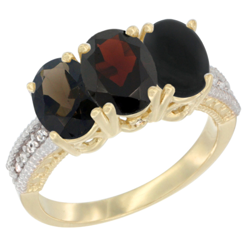 14K Yellow Gold Natural Smoky Topaz, Garnet & Black Onyx Ring 3-Stone 7x5 mm Oval Diamond Accent, sizes 5 - 10