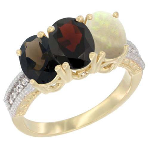 14K Yellow Gold Natural Smoky Topaz, Garnet & Opal Ring 3-Stone 7x5 mm Oval Diamond Accent, sizes 5 - 10