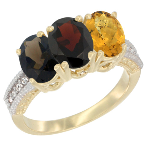 14K Yellow Gold Natural Smoky Topaz, Garnet & Whisky Quartz Ring 3-Stone 7x5 mm Oval Diamond Accent, sizes 5 - 10