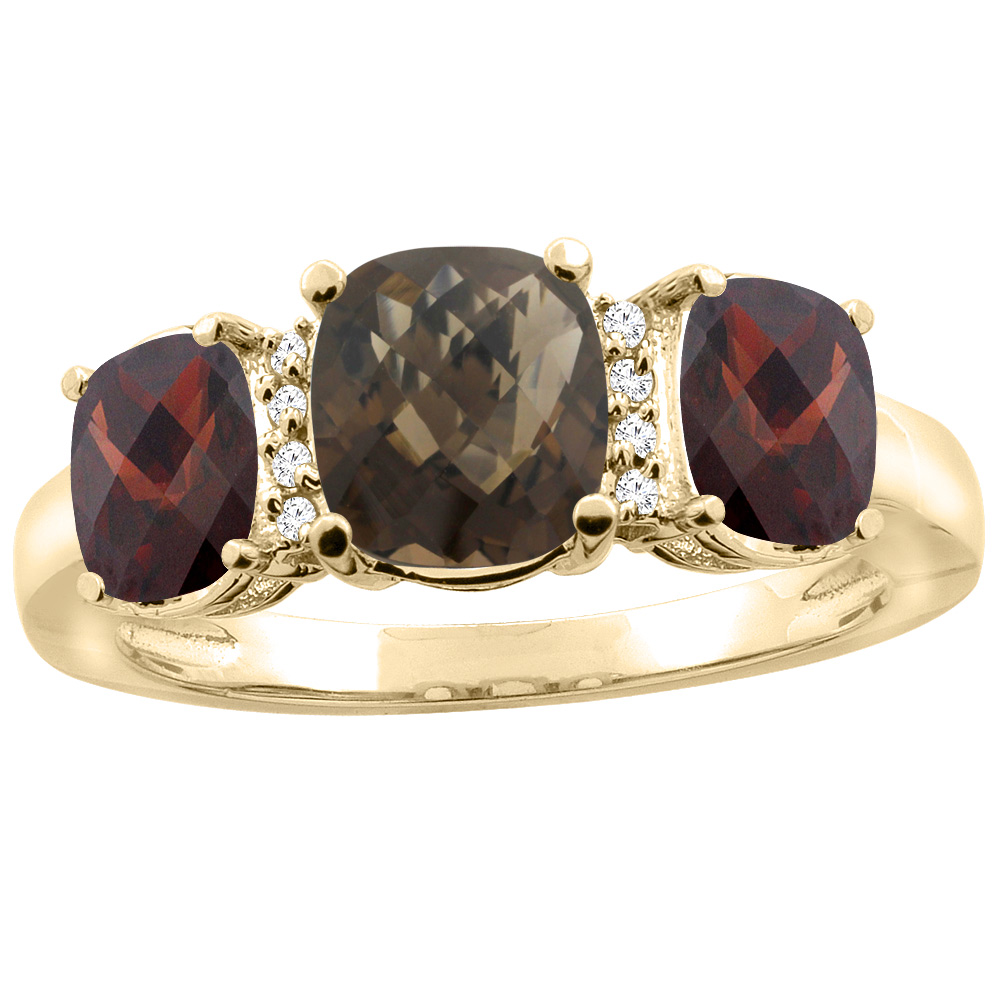 14K Yellow Gold Natural Smoky Topaz & Garnet 3-stone Ring Cushion 8x6mm Diamond Accent, sizes 5 - 10