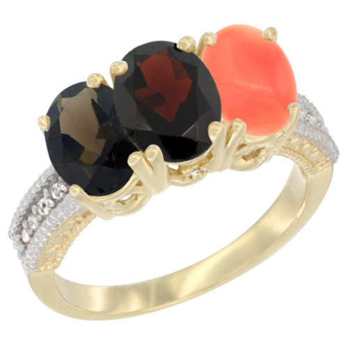 14K Yellow Gold Natural Smoky Topaz, Garnet & Coral Ring 3-Stone 7x5 mm Oval Diamond Accent, sizes 5 - 10
