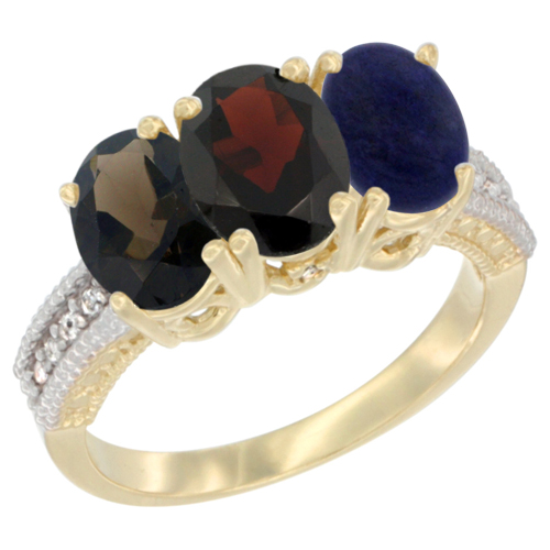 14K Yellow Gold Natural Smoky Topaz, Garnet & Lapis Ring 3-Stone 7x5 mm Oval Diamond Accent, sizes 5 - 10