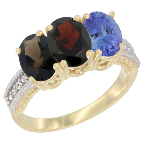 14K Yellow Gold Natural Smoky Topaz, Garnet & Tanzanite Ring 3-Stone 7x5 mm Oval Diamond Accent, sizes 5 - 10