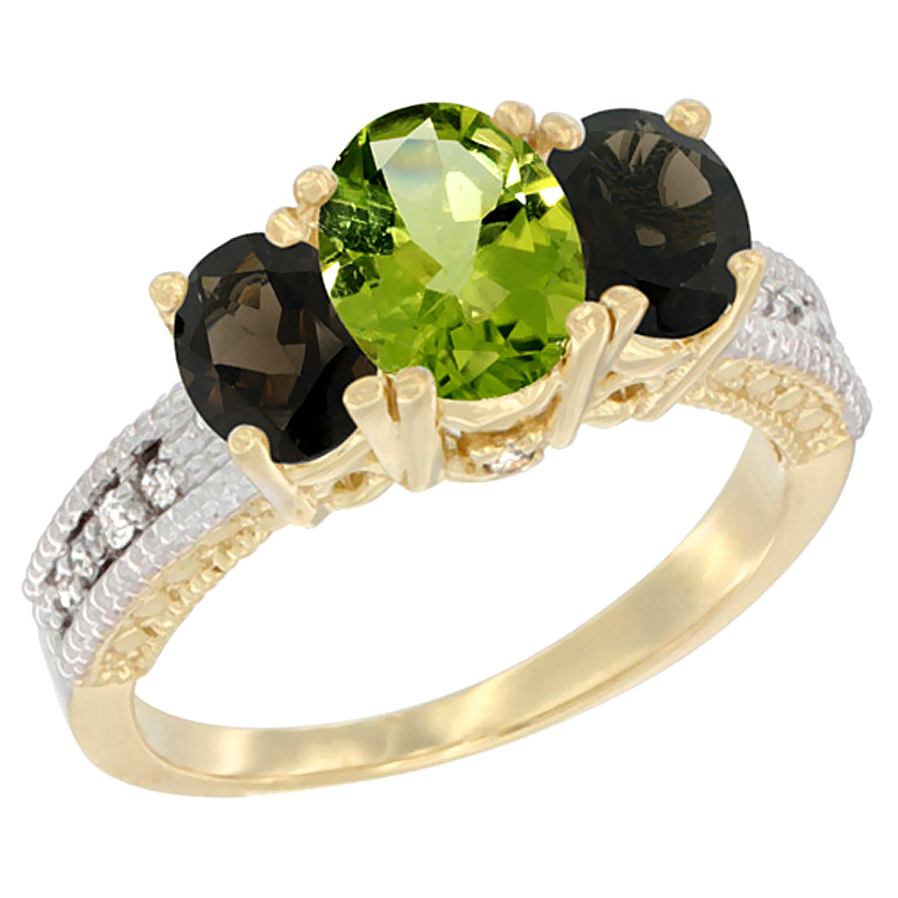 10K Yellow Gold Diamond Natural Peridot Ring Oval 3-stone with Smoky Topaz, sizes 5 - 10