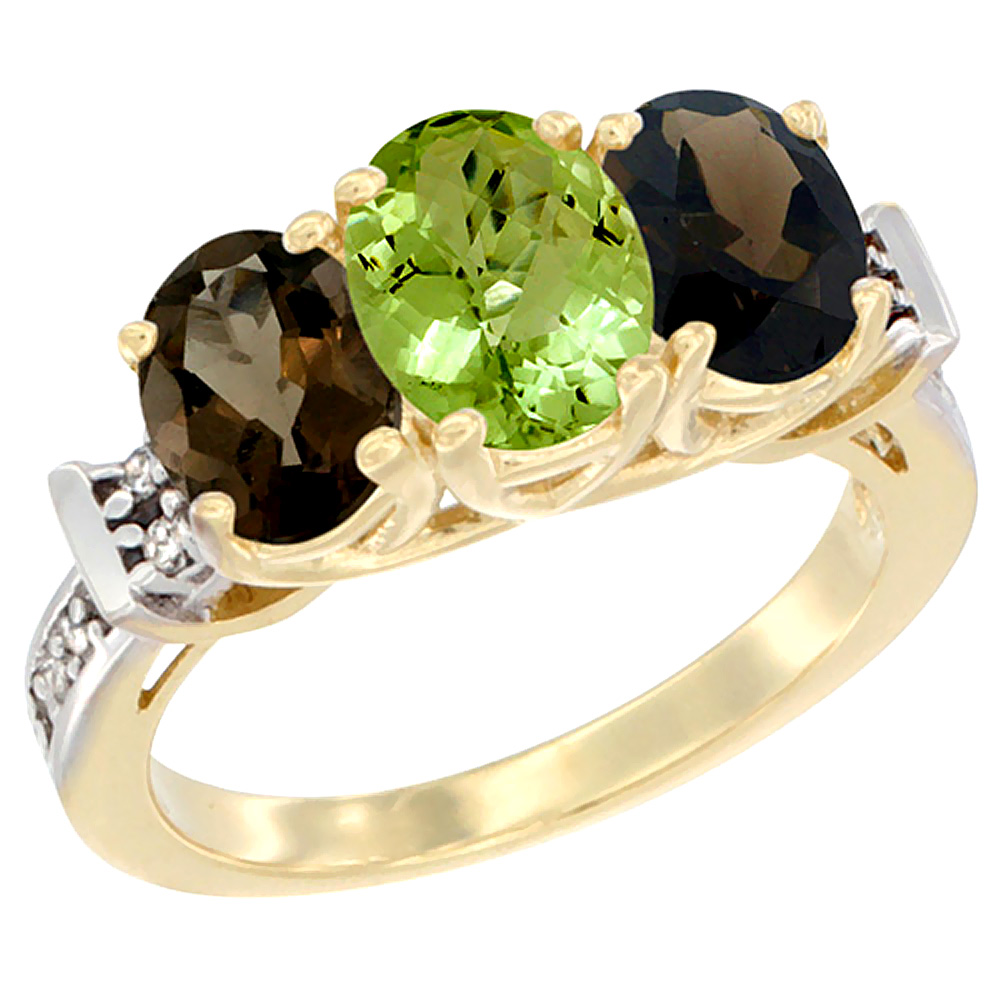 10K Yellow Gold Natural Peridot & Smoky Topaz Sides Ring 3-Stone Oval Diamond Accent, sizes 5 - 10