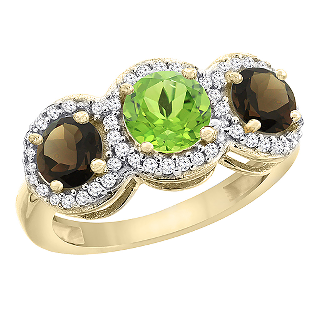 10K Yellow Gold Natural Peridot & Smoky Topaz Sides Round 3-stone Ring Diamond Accents, sizes 5 - 10