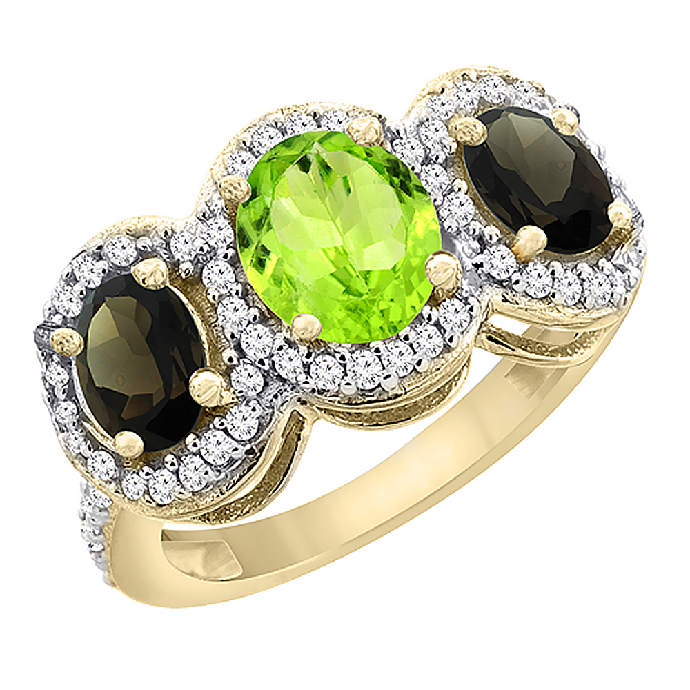 10K Yellow Gold Natural Peridot & Smoky Topaz 3-Stone Ring Oval Diamond Accent, sizes 5 - 10