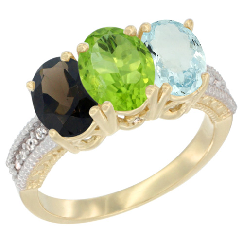 10K Yellow Gold Diamond Natural Smoky Topaz, Peridot & Aquamarine Ring 3-Stone 7x5 mm Oval, sizes 5 - 10