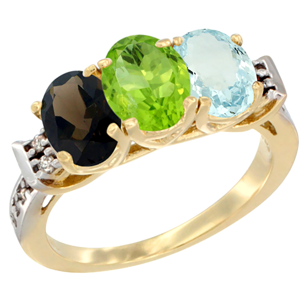 10K Yellow Gold Natural Smoky Topaz, Peridot & Aquamarine Ring 3-Stone Oval 7x5 mm Diamond Accent, sizes 5 - 10