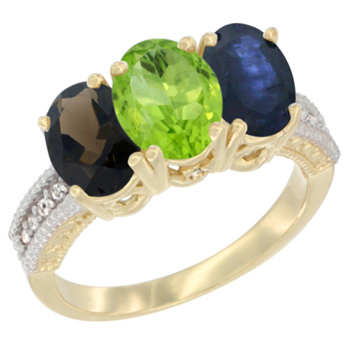 10K Yellow Gold Diamond Natural Smoky Topaz, Peridot & Blue Sapphire Ring 3-Stone 7x5 mm Oval, sizes 5 - 10