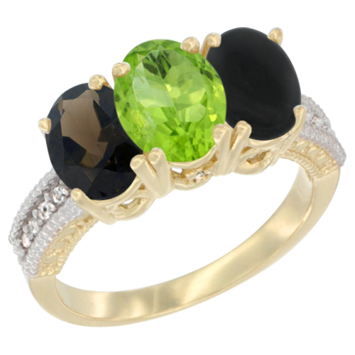 10K Yellow Gold Diamond Natural Smoky Topaz, Peridot & Black Onyx Ring 3-Stone 7x5 mm Oval, sizes 5 - 10