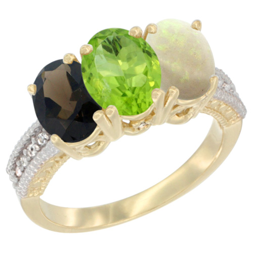 10K Yellow Gold Diamond Natural Smoky Topaz, Peridot & Opal Ring 3-Stone 7x5 mm Oval, sizes 5 - 10