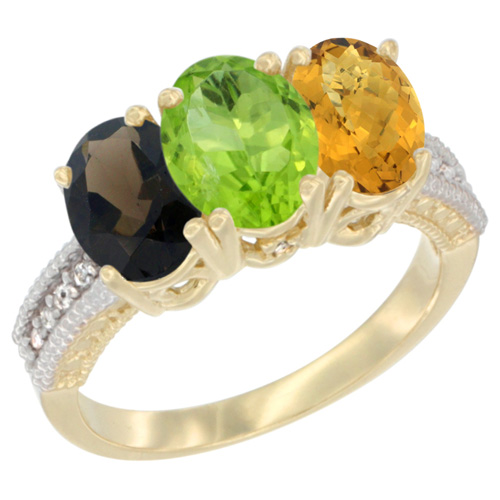 14K Yellow Gold Natural Smoky Topaz, Peridot & Whisky Quartz Ring 3-Stone 7x5 mm Oval Diamond Accent, sizes 5 - 10