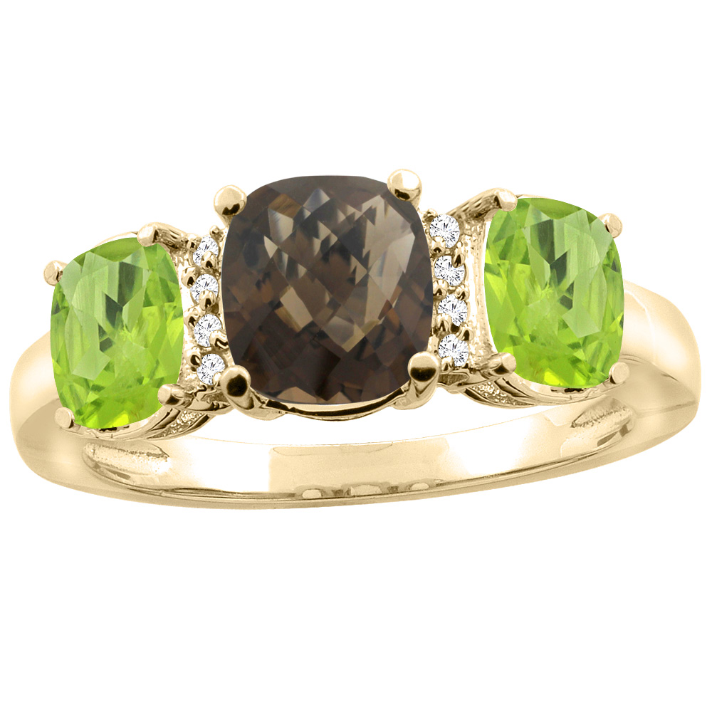 14K Yellow Gold Natural Smoky Topaz & Peridot 3-stone Ring Cushion 8x6mm Diamond Accent, sizes 5 - 10