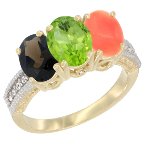 14K Yellow Gold Natural Smoky Topaz, Peridot & Coral Ring 3-Stone 7x5 mm Oval Diamond Accent, sizes 5 - 10