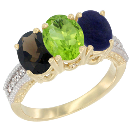 14K Yellow Gold Natural Smoky Topaz, Peridot & Lapis Ring 3-Stone 7x5 mm Oval Diamond Accent, sizes 5 - 10