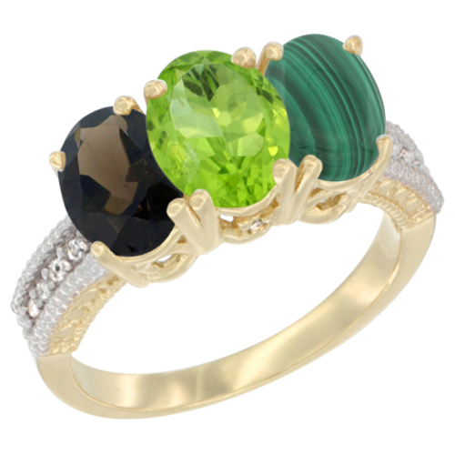 14K Yellow Gold Natural Smoky Topaz, Peridot & Malachite Ring 3-Stone 7x5 mm Oval Diamond Accent, sizes 5 - 10