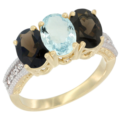 10K Yellow Gold Diamond Natural Aquamarine & Smoky Topaz Ring 3-Stone 7x5 mm Oval, sizes 5 - 10