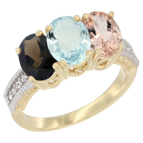 10K Yellow Gold Diamond Natural Smoky Topaz, Aquamarine & Morganite Ring 3-Stone 7x5 mm Oval, sizes 5 - 10
