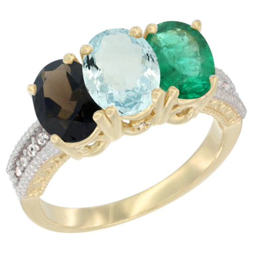 14K Yellow Gold Natural Smoky Topaz, Aquamarine & Emerald Ring 3-Stone 7x5 mm Oval Diamond Accent, sizes 5 - 10