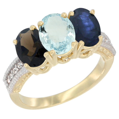 14K Yellow Gold Natural Smoky Topaz, Aquamarine & Blue Sapphire Ring 3-Stone 7x5 mm Oval Diamond Accent, sizes 5 - 10