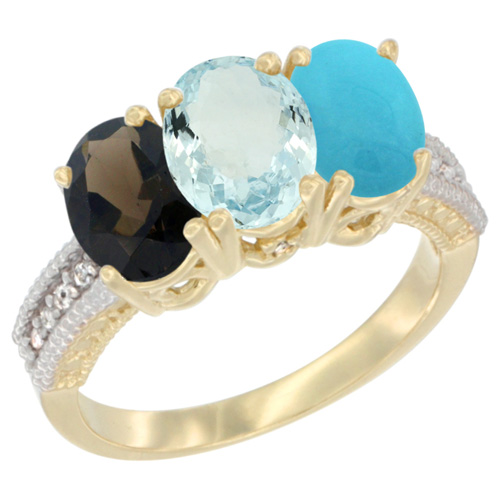 14K Yellow Gold Natural Smoky Topaz, Aquamarine & Turquoise Ring 3-Stone 7x5 mm Oval Diamond Accent, sizes 5 - 10